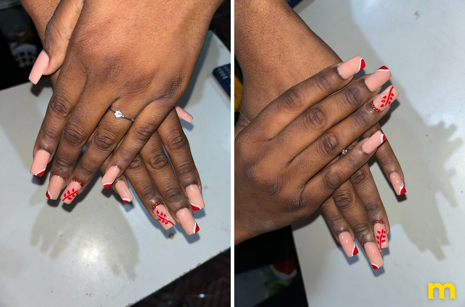 Unhas nude com pontas vermelhas e um ramo vermelho pintado à mão, com pedras vermelhas, vistas de dois ângulos